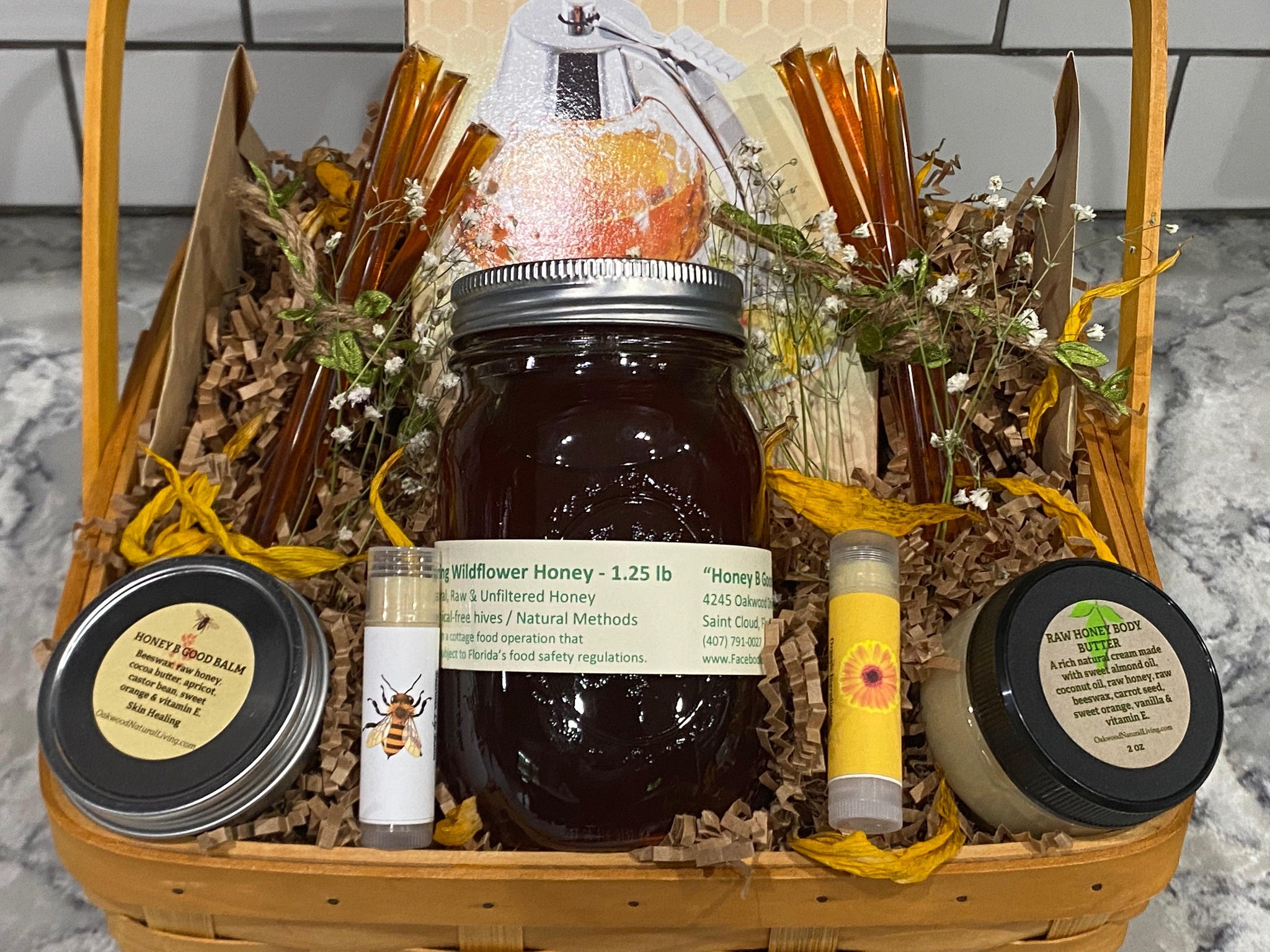 Honey Gift Basket. Raw Honey, 100% Beeswax Candle, Handcrafted Lip
